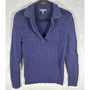 Women’s RALPH LAUREN Cotton Cable Knit Shawl Collar Sweater‎ Blue Size Medium